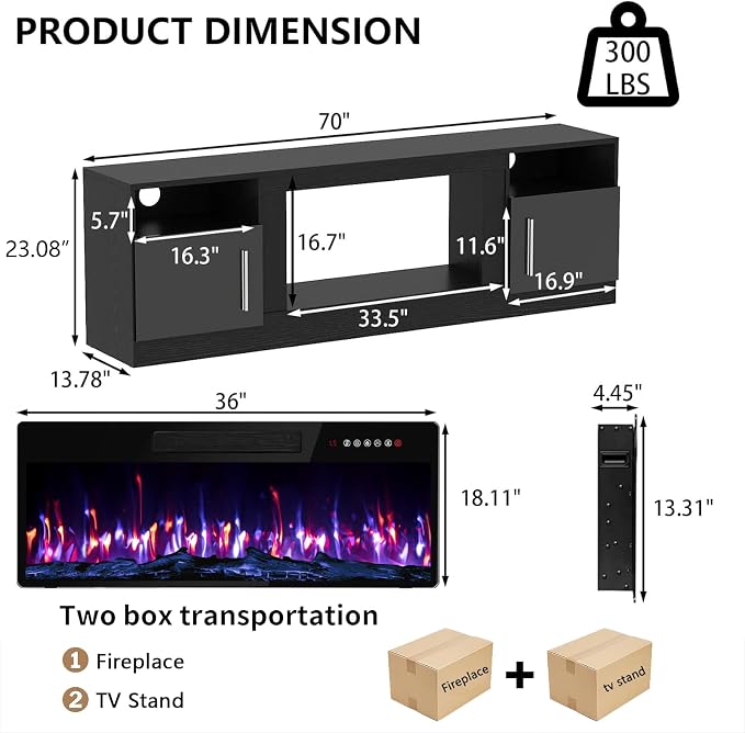 PRETZI Fireplace TV Stand with 36" Fireplace Up to 80" TVs, Remote Control - Image 2