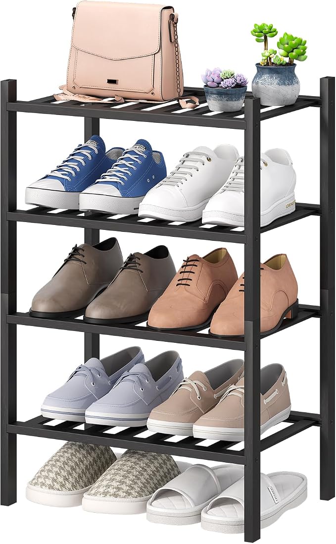 viewcare Black Small Shoe Rack for Entryway, 4-Tier Bamboo Shoe Organizer for by VIEWCARE