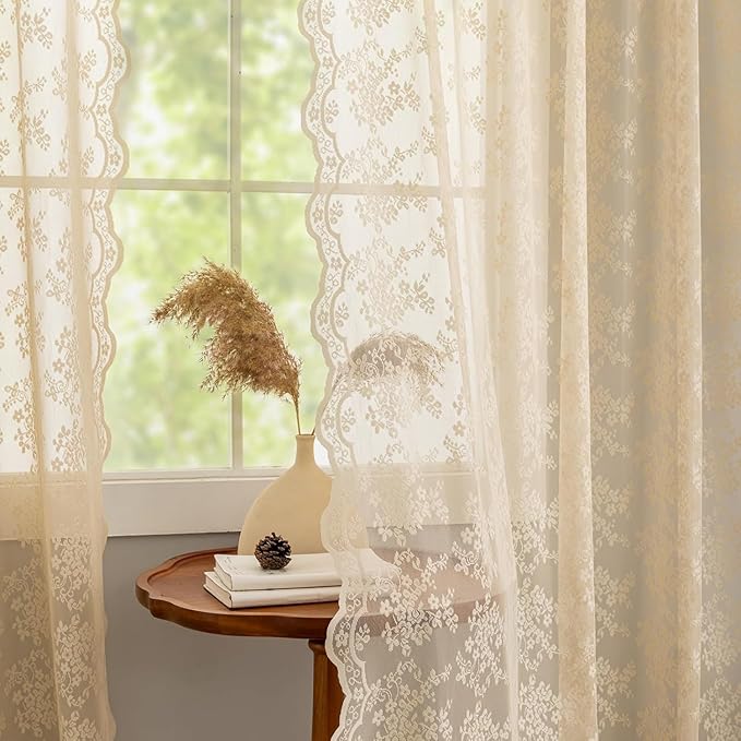 YJ YANJUN Vintage Lace Curtains 108 Inches Long-Victorian Floral Beige Sheer - Image 3