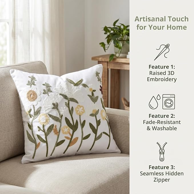Neutral Floral Embroidered Throw Pillow Covers 20x20 Inch White Daisy Camel - Image 2