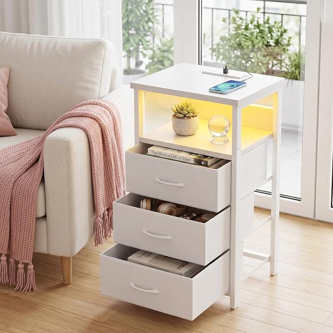 Fixwal White Nightstand with Charging Station, LED Night Stand with 3 Fabric - Image 6