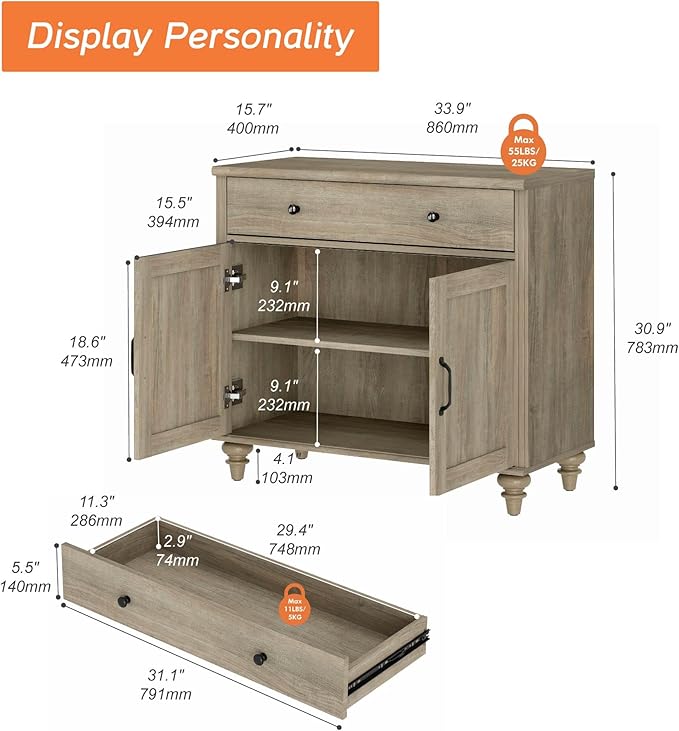 WAMPAT Buffet Cabinet with Doors & Drawer, Large Coffee Bar Table Wood Kitchen - Image 2