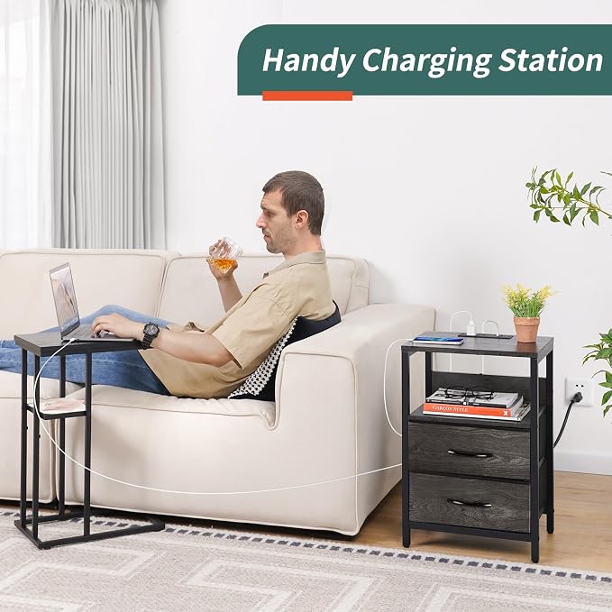 Yoobure Nightstand with Charging Station, Small Night Stand with Fabric Drawers - Image 4
