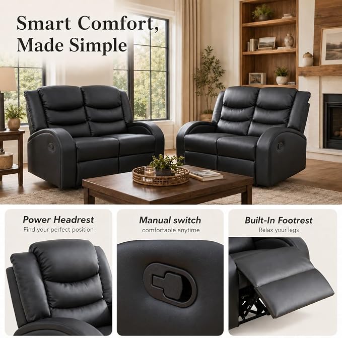 Recliner Sofa Set, 2 Piece Living Room Furniture Set, Leather Recliner Sofa - Image 5