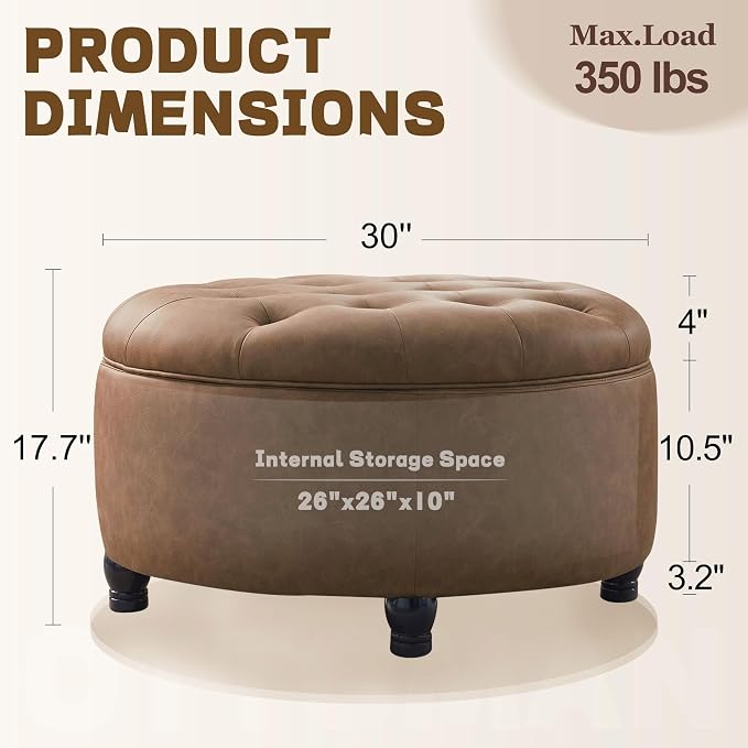 30-Inch Round Storage Ottoman, Button Tufted Ottoman Coffee Table - Image 2