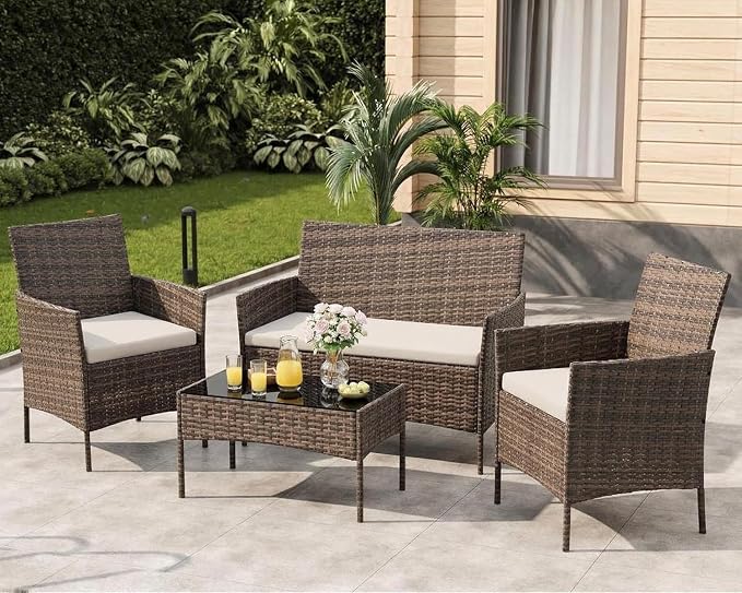 4-Piece Outdoor Furniture Set, PE Rattan Wicker Chairs by Unknown