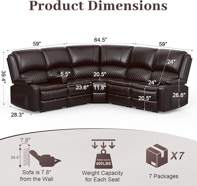 Yolsali Home Theater Seating Reclining Sectional Sofa, 5 Seats Soft Leather - Image 2