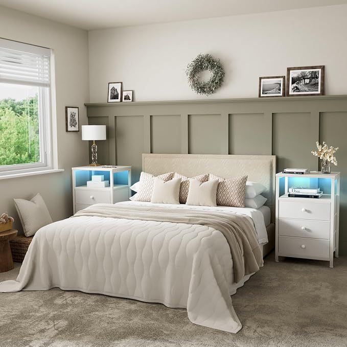 BOLUO White Night Stand with 3 Fabric Drawers, Nightstand with Charging Station - Image 8