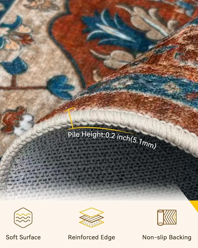 Area Rugs Round 8ft Washable Non-Slip, Floral Vintage Distress Print Pattern - Image 2