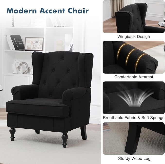 Accent Chair for Living Room, Mid Century Modern Upholstered Armchair, Wingback - Image 5