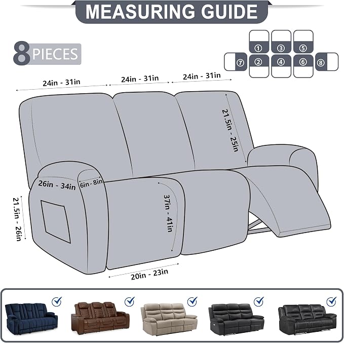 ANARACHON Leather Look Recliner Couch Cover, 8-Pieces Stretch Recliner Sofa - Image 2