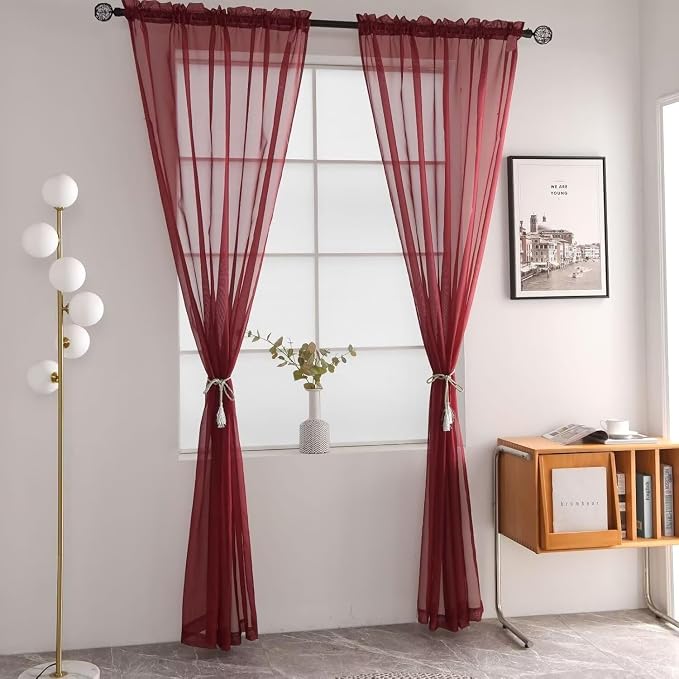 SpaceDresser Burgundy Sheer Curtains 4 Panels Rod Pocket Semi-Sheer Curtain 72 - Image 3