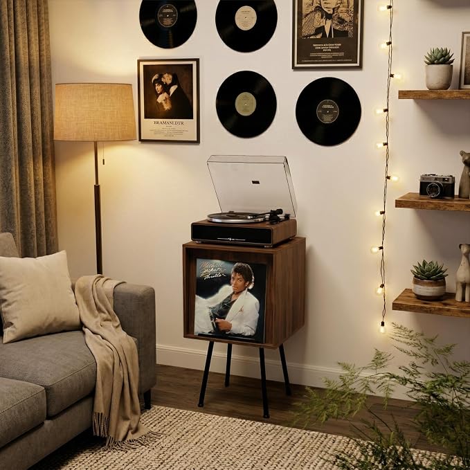 Faesun Flip Top Record Player Stand, End Table Holds up to 100 Albums, - Image 2