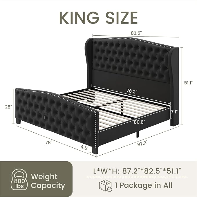 LARMACE King Size Bed Frame Velvet Upholstered Platform Bed - Image 2