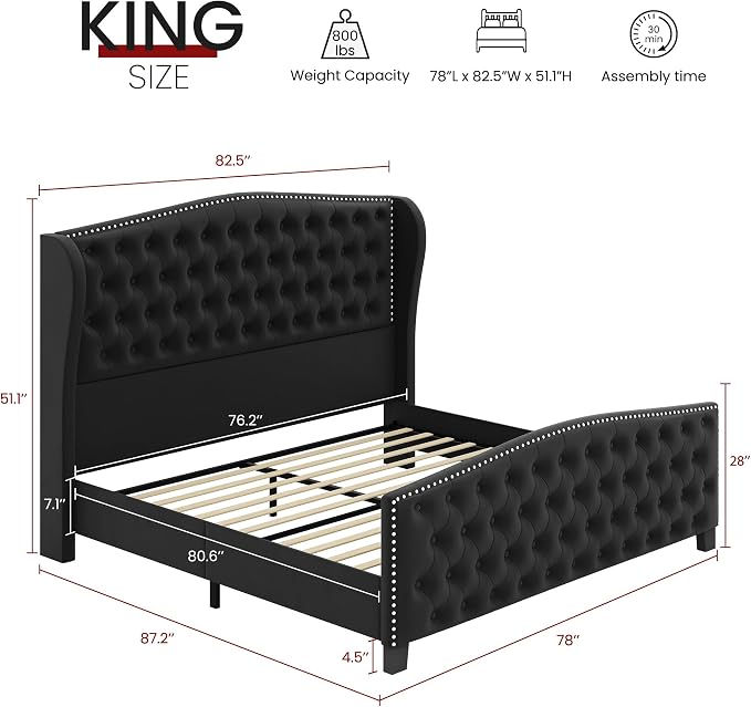 BRELTAM Upholstered King Size Bed Frame Velvet Black Tufted Platform Bed Frame - Image 2