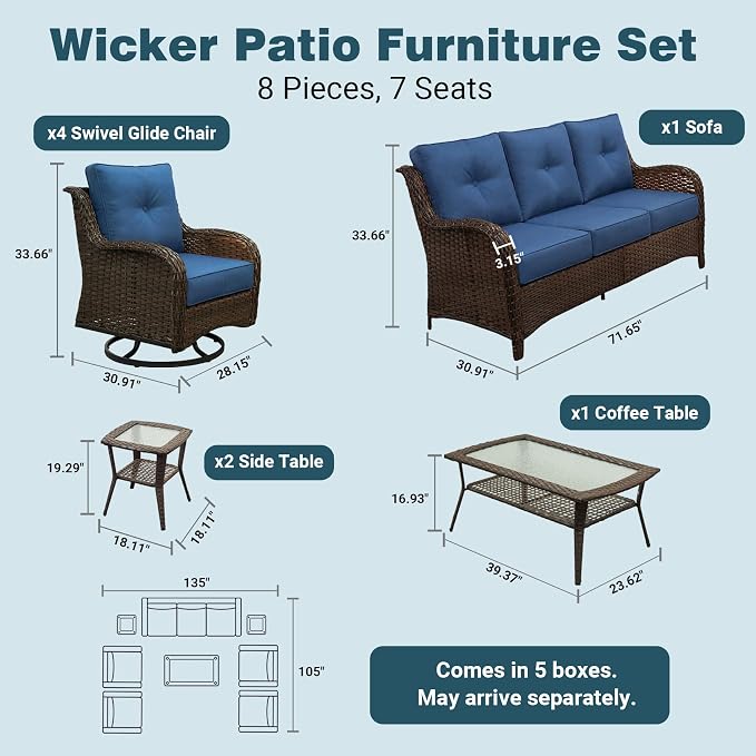 Patio Furniture Set, High Back Rattan Sofa & Swivel Rocker Chairs, Weather - Image 6