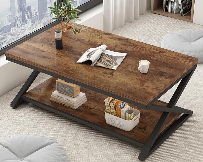 HSH Rustic Coffee Table with Storage Shelf, Industrial Metal Wood Living Room - Image 9