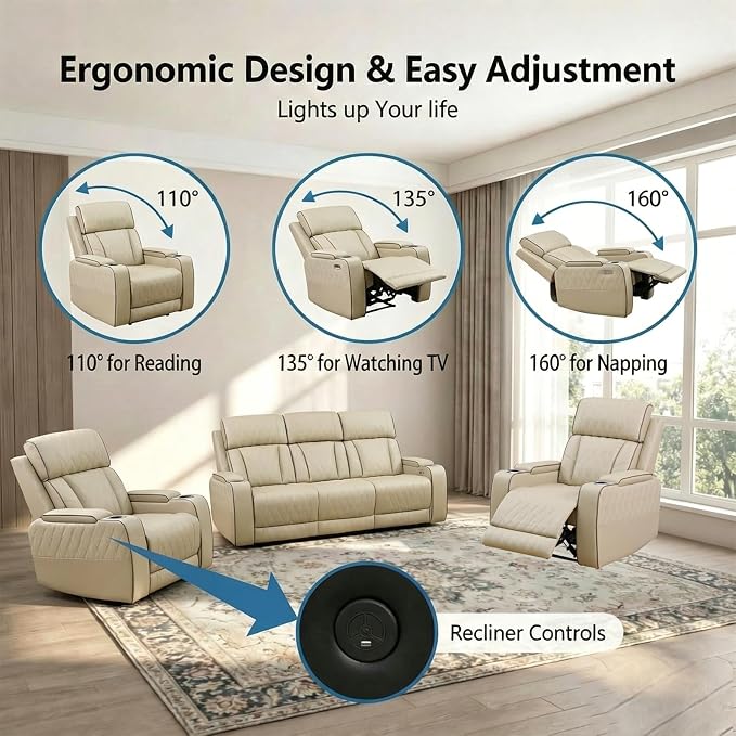 Power Recliner Sofa Set with LED Lights, Includes 2 Manual Recliner 1 Seat and - Image 2