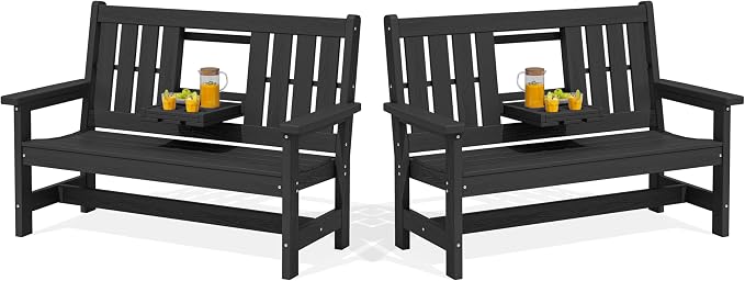SERWALL Outdoor Bench with Cup Holder, Oversized 58" HDPE Porch Bench Suitable by SERWALL