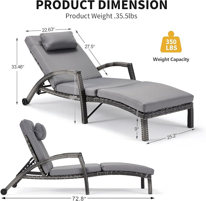 HOMREST Chaise Lounge Chairs Set of 2, PE Rattan Wicker Patio Lounge Chair - Image 2