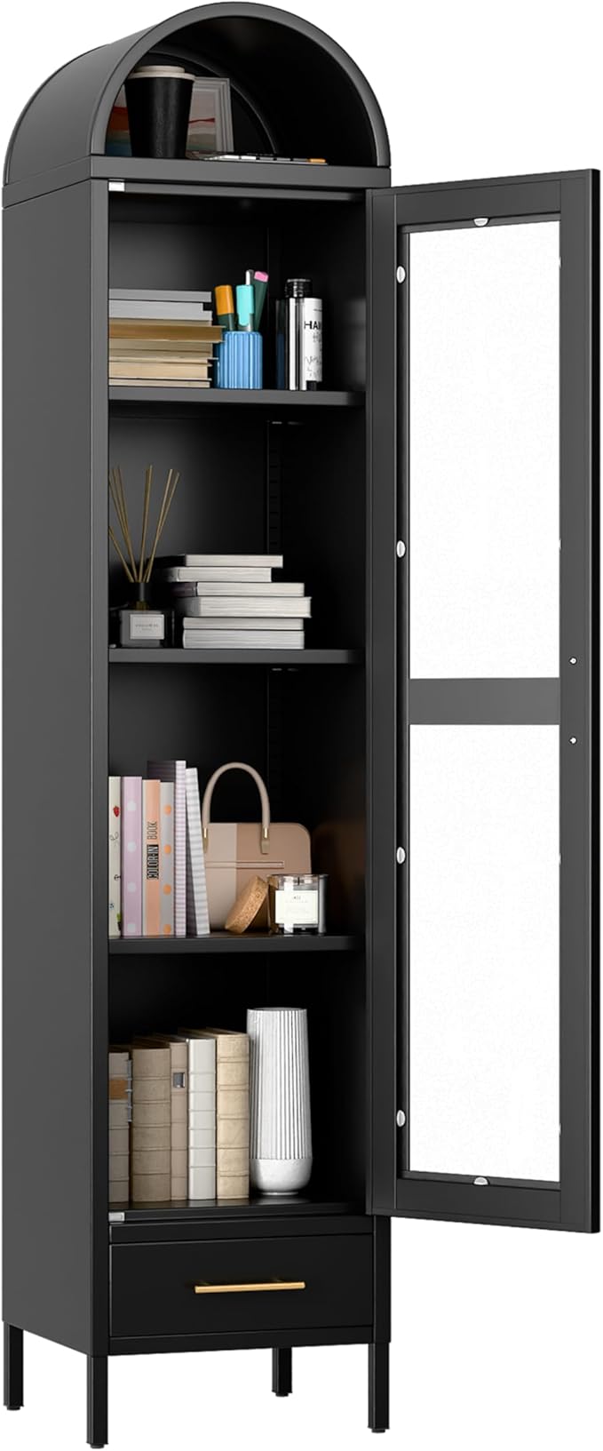 METAN Metal Arched Storage Display Cabinet, 1 Glass Door and Bottom 1 Drawer by METAN