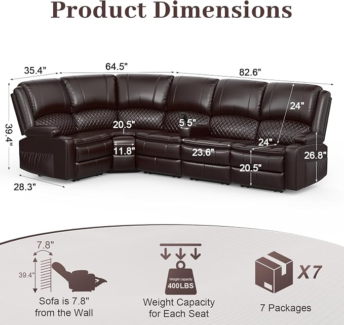 Yolsali Manual Reclining Sectional Sofa Set, 5 Seats 1+1+3 Leather Reclining - Image 2