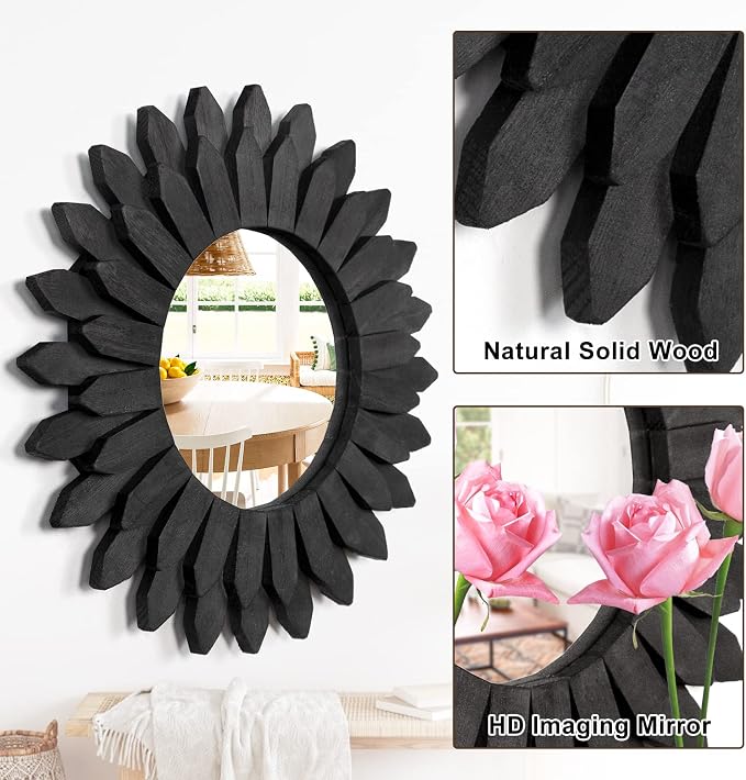 Emfogo Wall Mirror 12 inch Rustic Wood Sunburst Boho Mirror Farmhouse Wall - Image 5