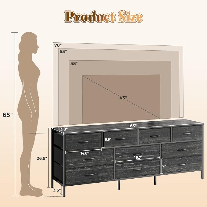 Huuger 63 Inch Dresser for Bedroom, Long Dresser - Image 3