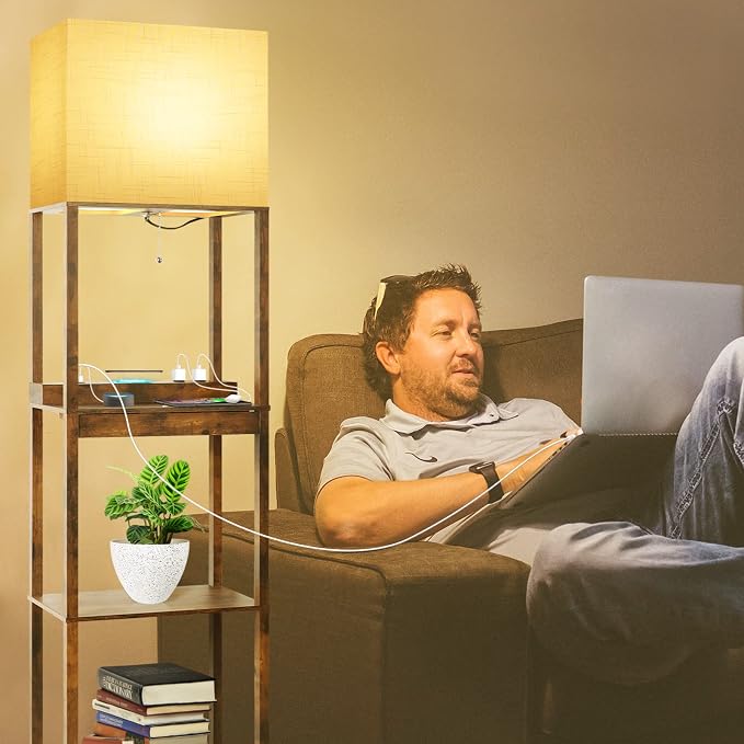 RUNTOP Floor Lamp with Shelves, Plus Shelf Lamp with Wireless Charger, 2 USB - Image 6