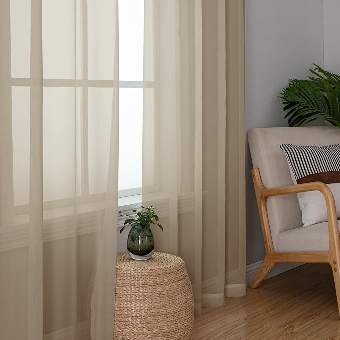 Simplebrand Taupe Sheer Curtains 72 Inches Long 2 Panels, Light Filtering Rod - Image 4