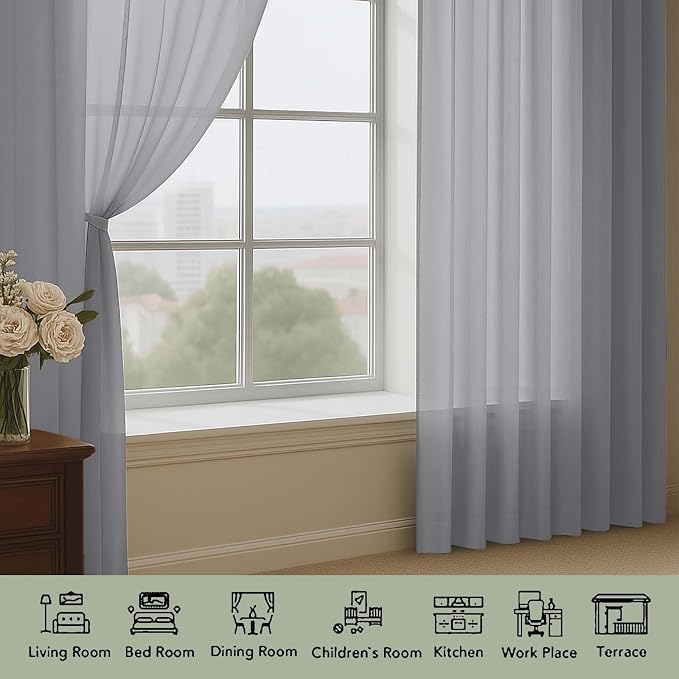 OWENIE Sheer Grey Curtains 108 Inches Long - Image 3