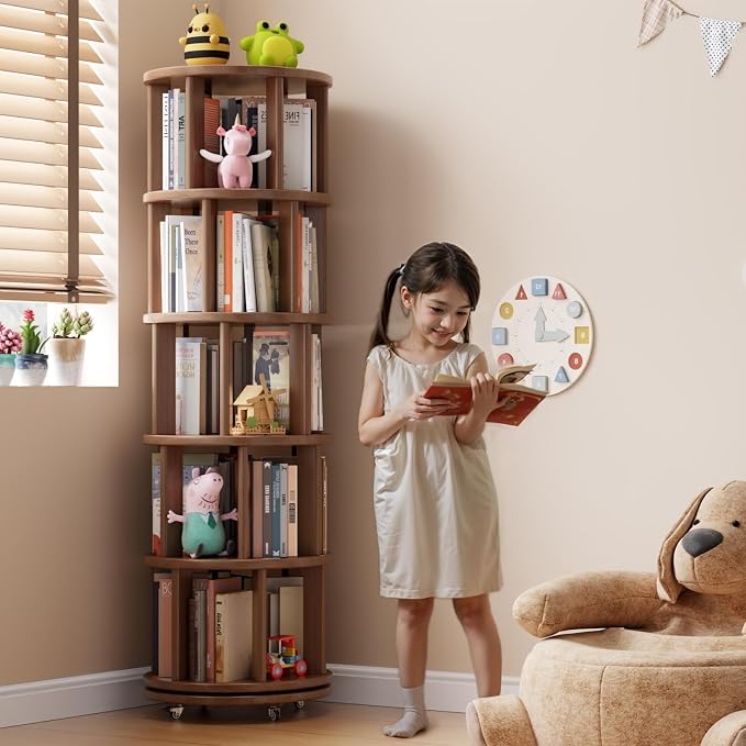 Muwuele Solid Wood Rotating Bookshelf on Wheels, 5 Tier, Round Revolving - Image 3