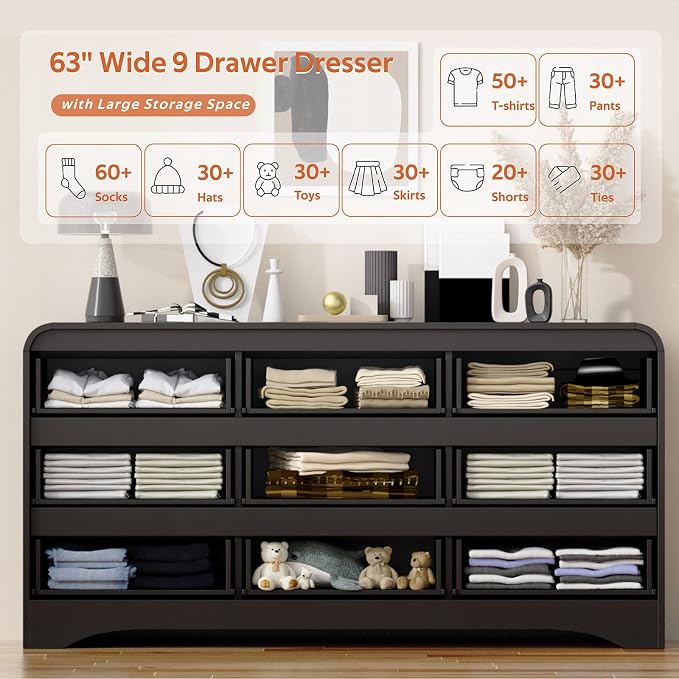 4 Piece Bedroom Set, Dresser and Nightstand Sets, Modern Wooden Large 9 Drawers - Image 2