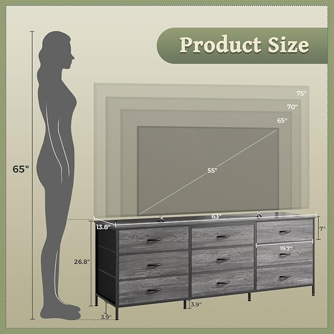 Huuger 63 Inch Dresser for Bedroom, Long Dresser for Closet - Image 3