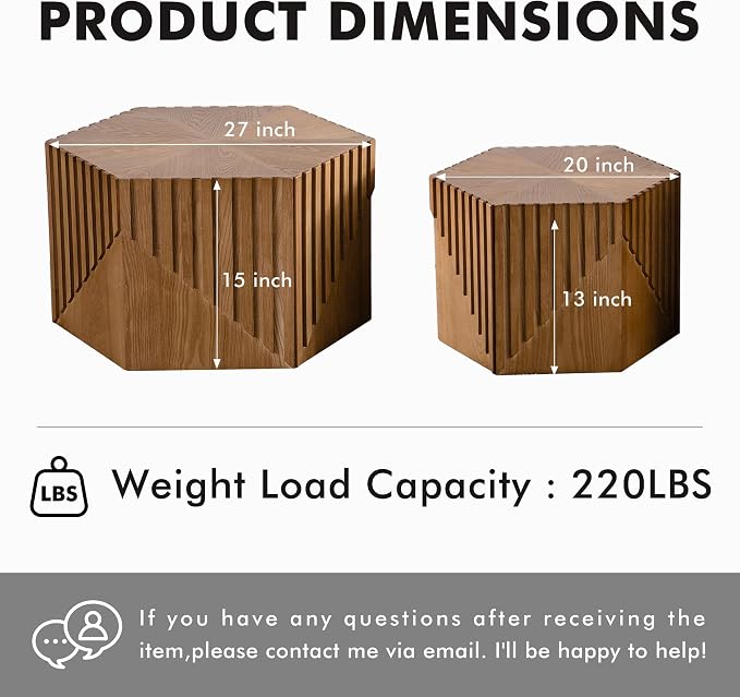 Hexagonal Nesting Coffee Table Set of 2, Wooden Fluted Coffee Table - Image 2