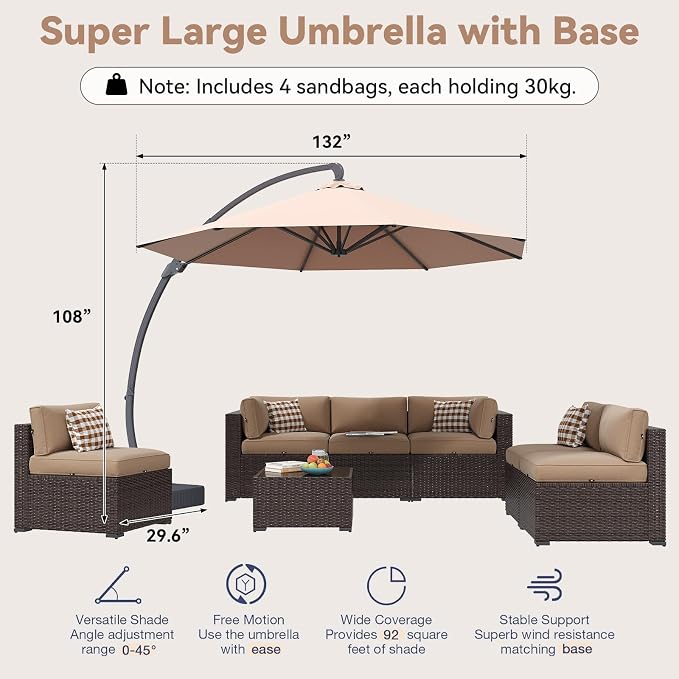 Aoxun Patio Furniture Set with Umbrella, 8 Piece Outdoor Sectional Sofas - Image 4