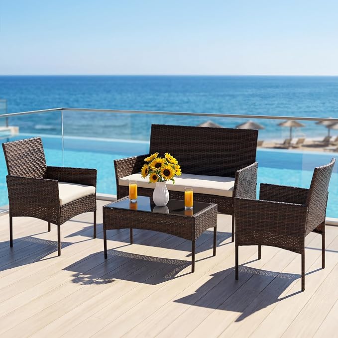 DUMOS 4 Piece Patio Furniture Set, All-Weather Outdoor Wicker Conversation Set - Image 3