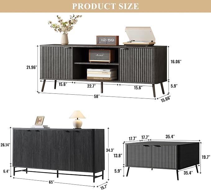 Fatmok Fluted Furniture Collection – 65" Buffet Cabinet, Mid Century Modern - Image 2