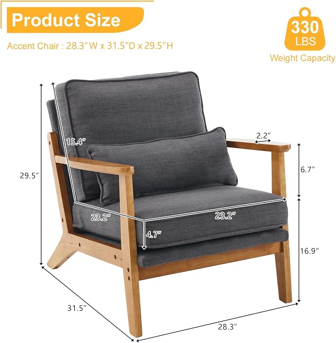 Karl home Accent Chair Wide Armrest Mid-Century Lounge Chair Linen Fabric - Image 2