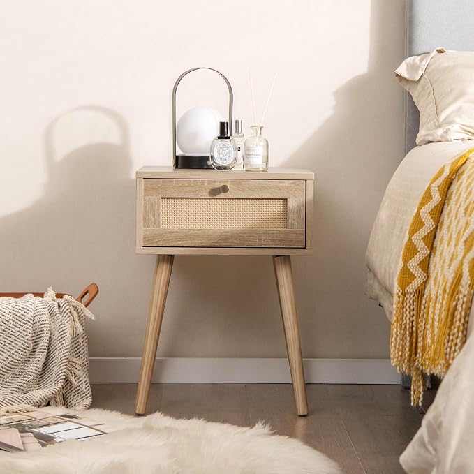 Giantex Boho Rattan Nightstand, Mid Century Wood Night Stands - Image 8