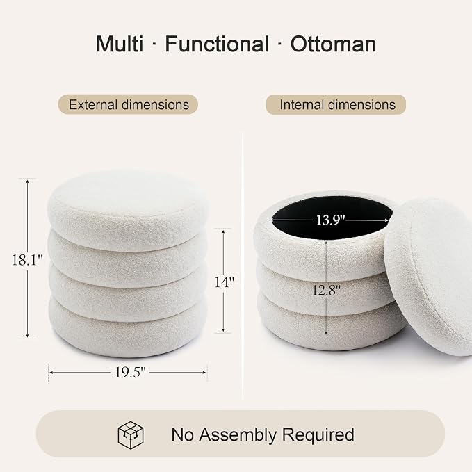 Flouki 19.5" Storage Ottoman Round, Vanity Stool - Image 2