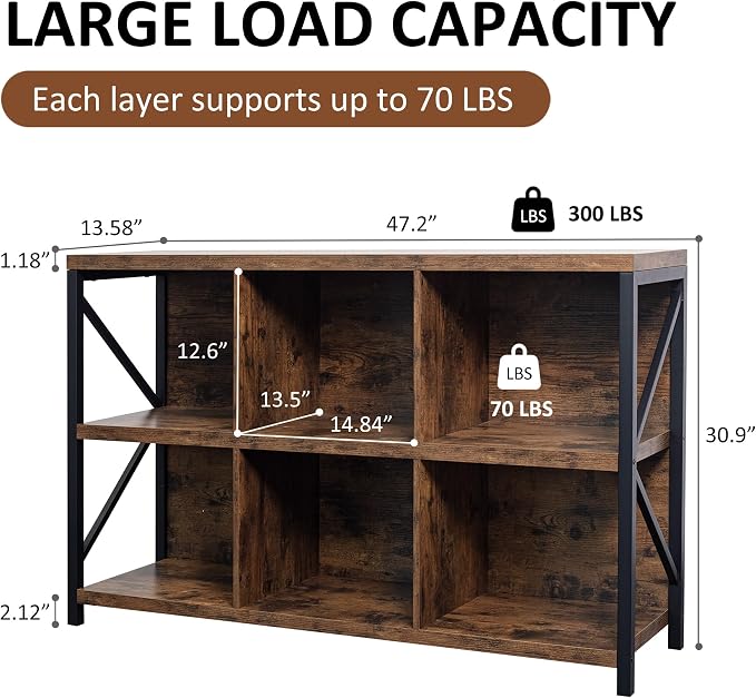 6 Cube Storage Organizer Bookshelf, Industrial Horizontal Bookcase, Accent - Image 2