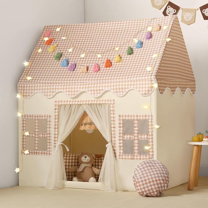Kids Play Tent Indoor: with Brown Checkered, Rainbow Tissue Garland, Star Lights by Senodeer