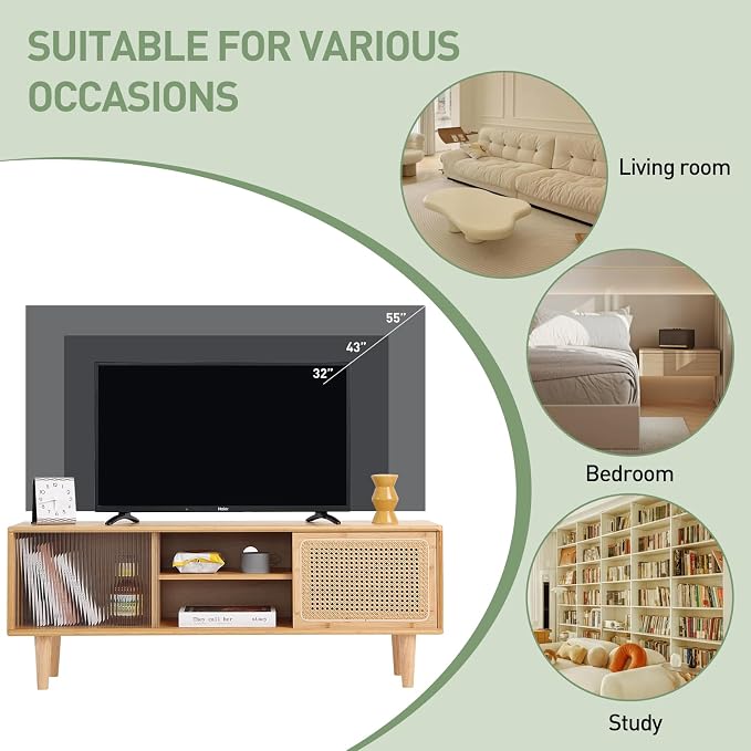 Welnow Rattan TV Stand for Up to 55 Inch, Mid Century Modern Bamboo - Image 7