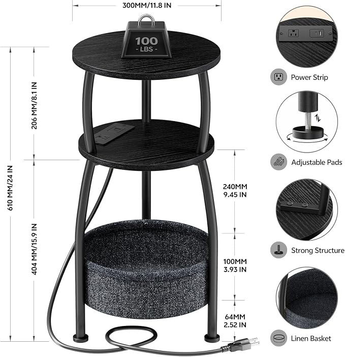 Round Side Table with Power Outlets, Small Coffee Table with S Basket, Space - Image 3