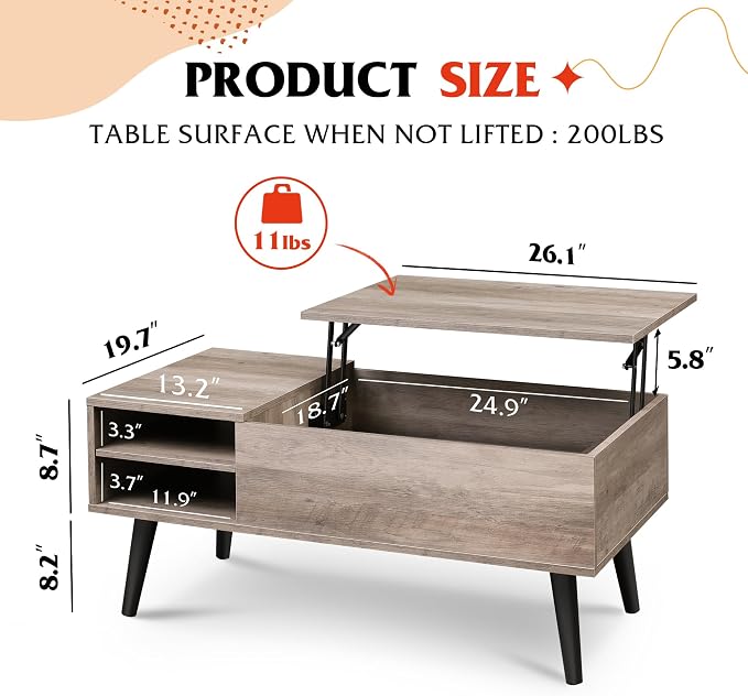 WLIVE Lift Top Coffee Table for Living Room, Small Coffee Table - Image 3