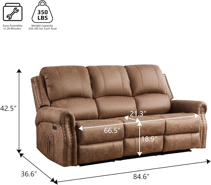 EBELLO Power Reclining Sofa for Living Room, Faux Leather 3 Seater Reclining - Image 2