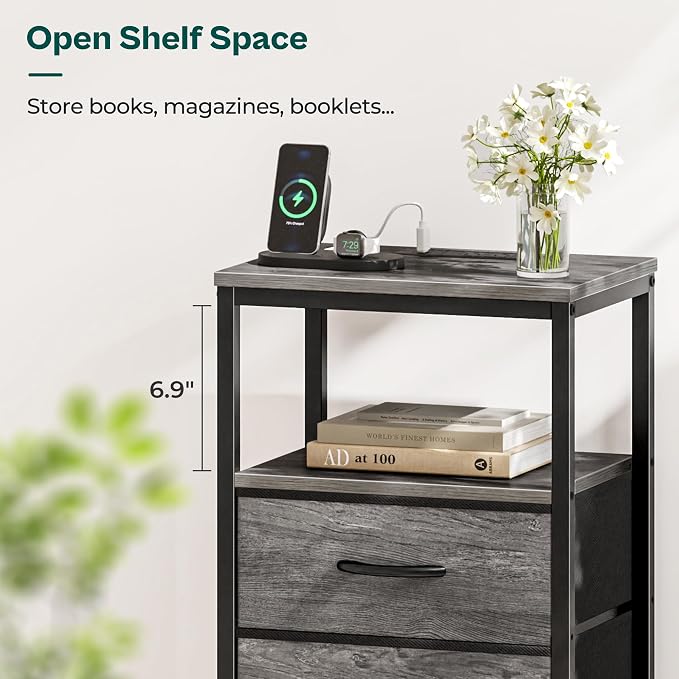 Huuger Nightstand with Charging Station, Fabric Drawers, End Table with Open - Image 8