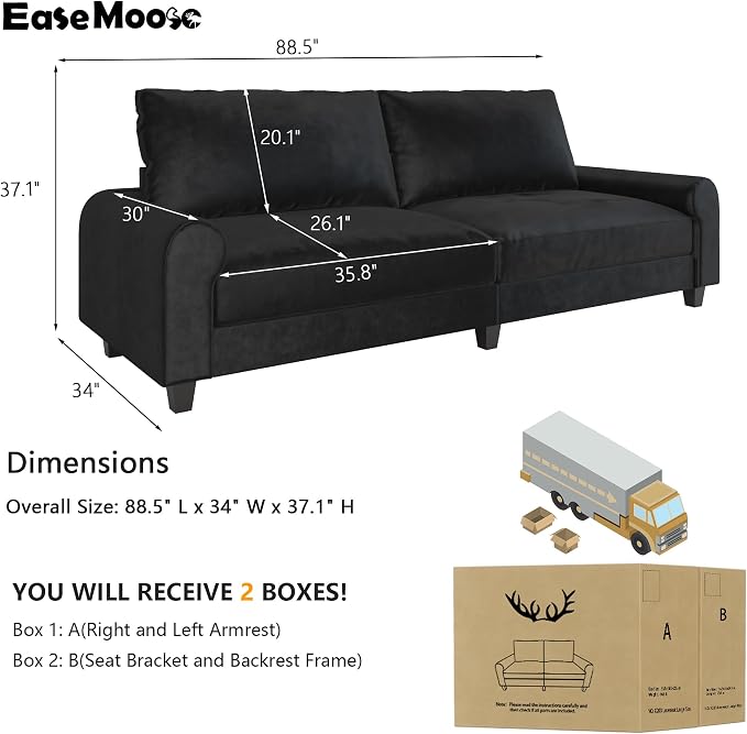 EASE MOOSE 88.5" Large Seat Velvet Loveseat Sofa, Soft Deep Seat Couches - Image 2