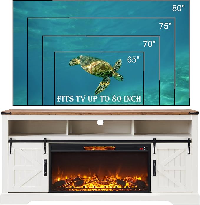 OKD Fireplace TV Stand for 80 Inch TV, Rustic Media Console w/Sliding Barn Door - Image 6